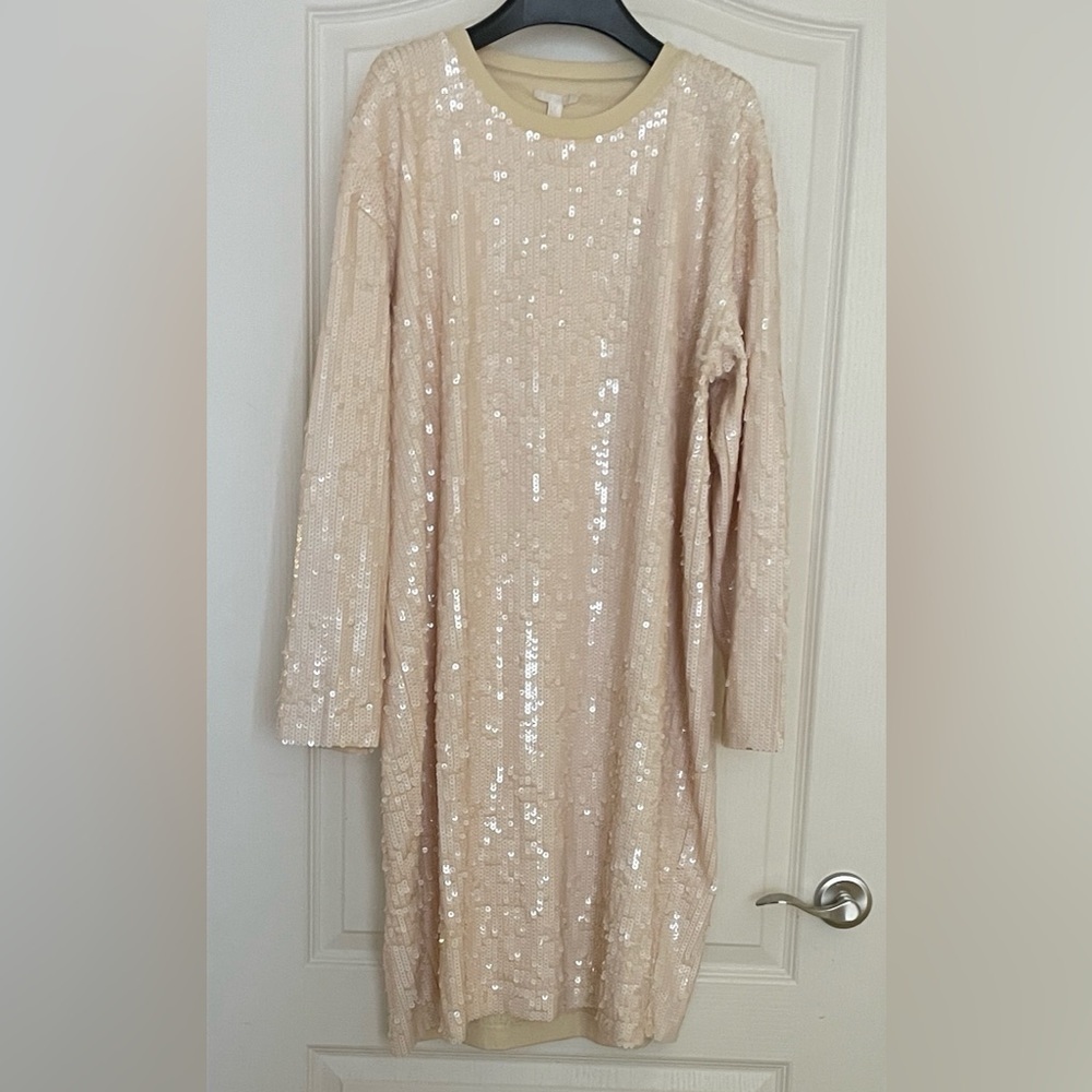 COS Cream Long-Sleeve Oversized Sequined Dress L 12/14/16
